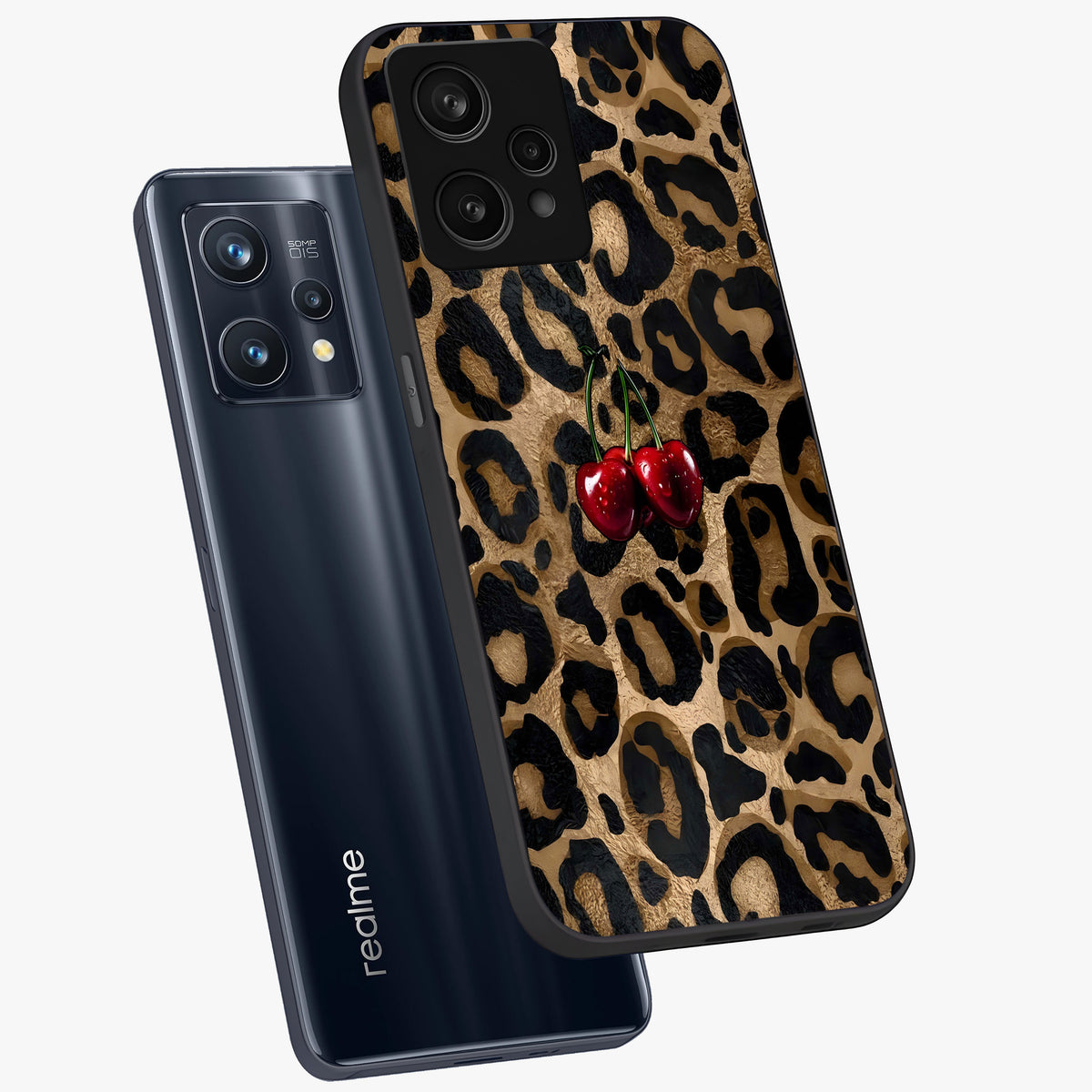 Leopard Wild Cherry Glass Case displayed in angled mockup highlighting bold animal print design with playful cherry aesthetic.
