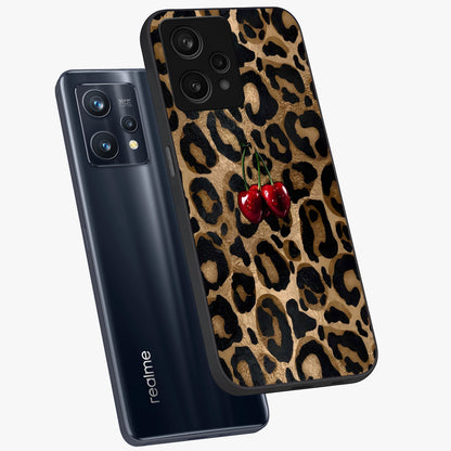 Leopard Wild Cherry Glass Case displayed in angled mockup highlighting bold animal print design with playful cherry aesthetic.