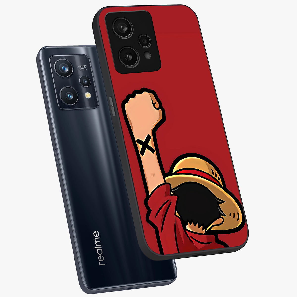 Luffy X Spirit Glass Case displayed in angled mockup highlighting powerful anime design with energetic action aesthetic.