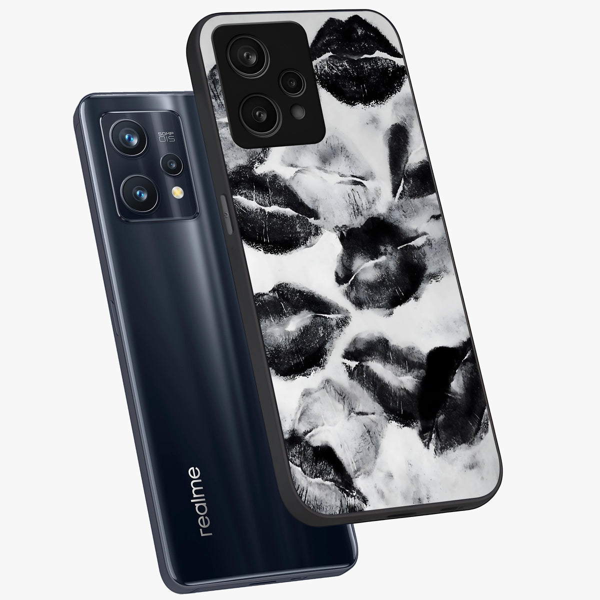 Midnight Kiss Marks Glass Case displayed in angled mockup highlighting playful romantic design with bold midnight aesthetic.