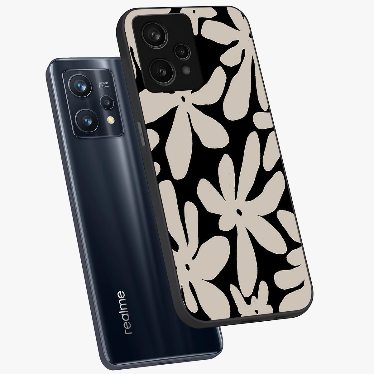 Monochrome Petal Dance Glass Case displayed in angled mockup highlighting elegant petal design with black and white aesthetic.