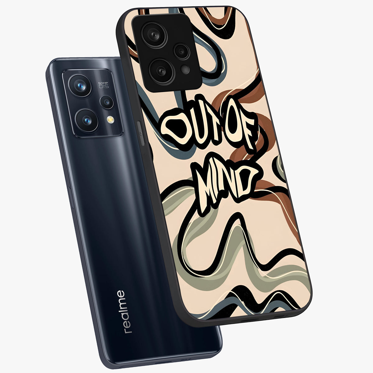 Out Of Mind Glass Case displayed in angled mockup highlighting bold statement design with modern artistic aesthetic.