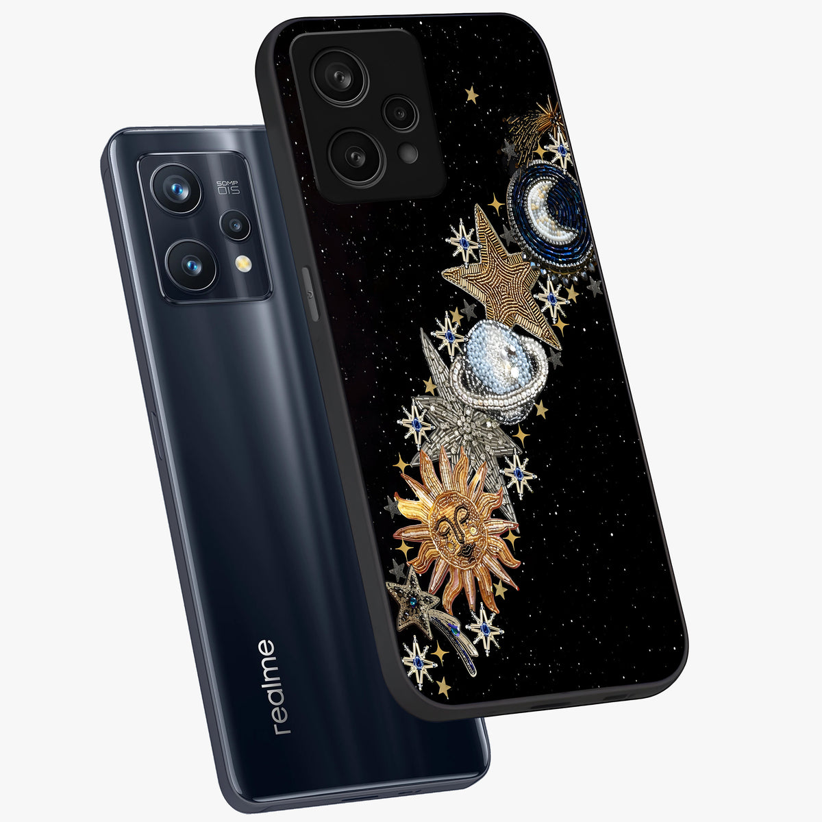 Pearls Universe Object Glass Case displayed in angled mockup highlighting celestial pearl design with dreamy aesthetic.