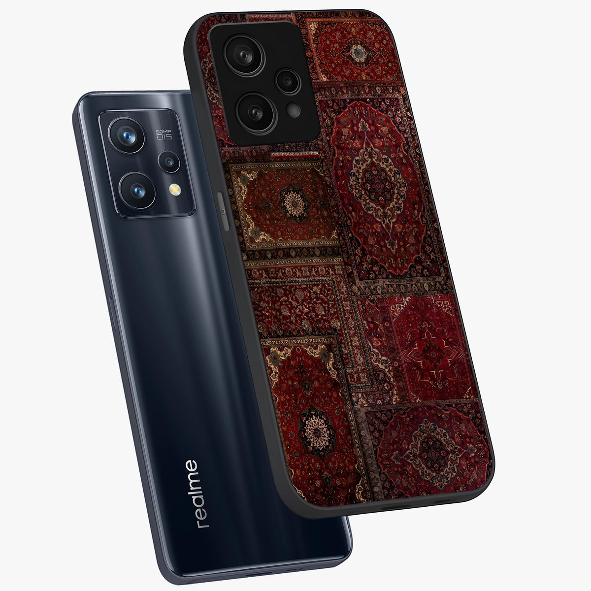 Persian Velvet Tale Glass Case displayed in angled mockup highlighting ornate textile inspired design with royal aesthetic.