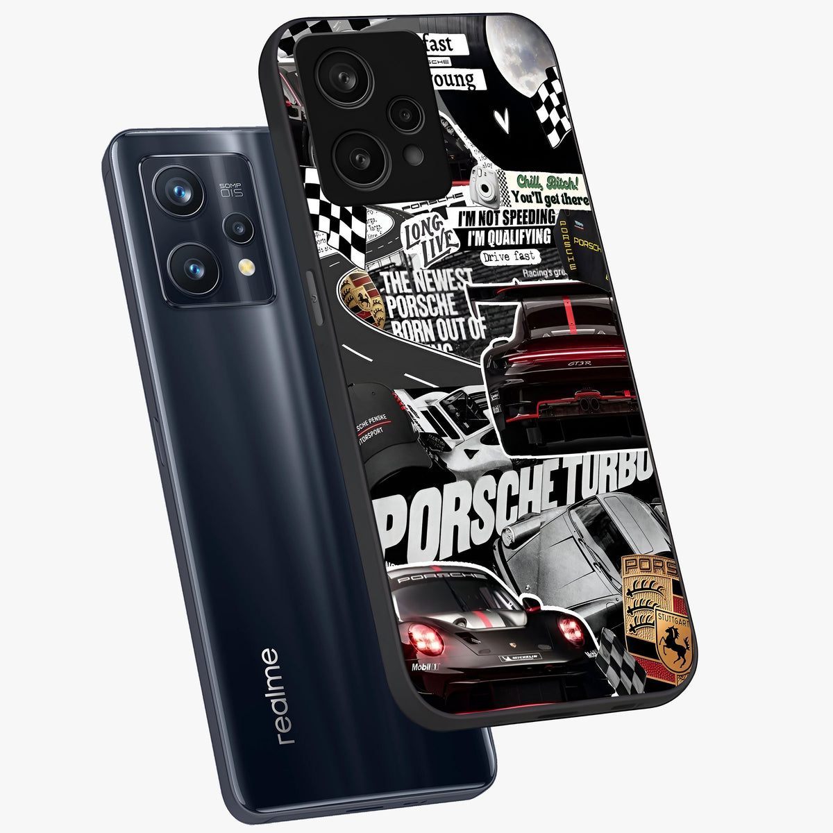 Porsche Racing Collage Glass Case displayed in angled mockup highlighting dynamic automotive design with bold racing aesthetic.