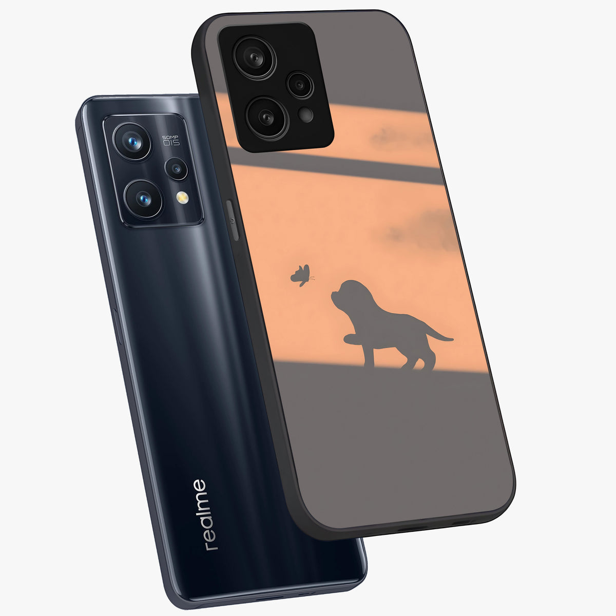 Puppy Shadow Art Glass Case displayed in angled mockup highlighting playful dog illustration with artistic shadow aesthetic.