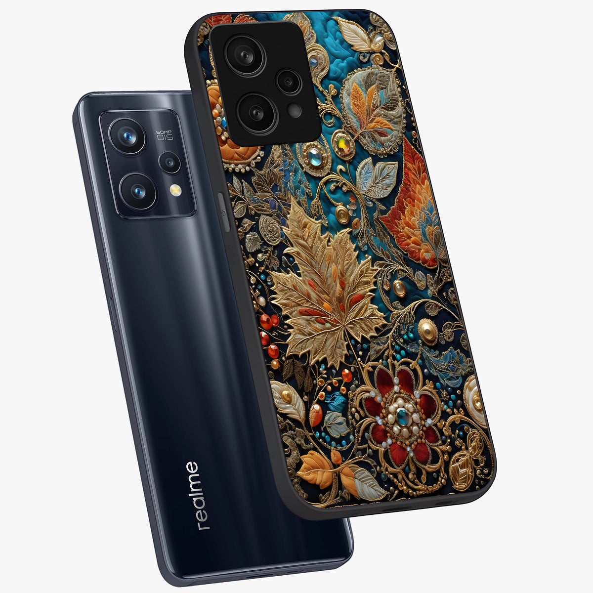 Royal Jewel Garden Glass Case displayed in angled mockup highlighting vibrant jewel inspired floral design with elegant aesthetic.