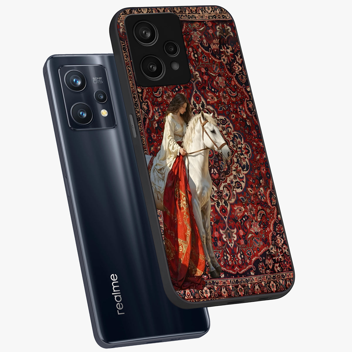 Royal Rider Tapestry Glass Case displayed in angled mockup highlighting traditional tapestry design with royal heritage aesthetic.