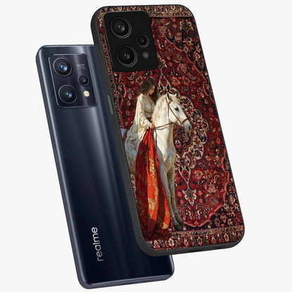 Royal Rider Tapestry Glass Case displayed in angled mockup highlighting traditional tapestry design with royal heritage aesthetic.