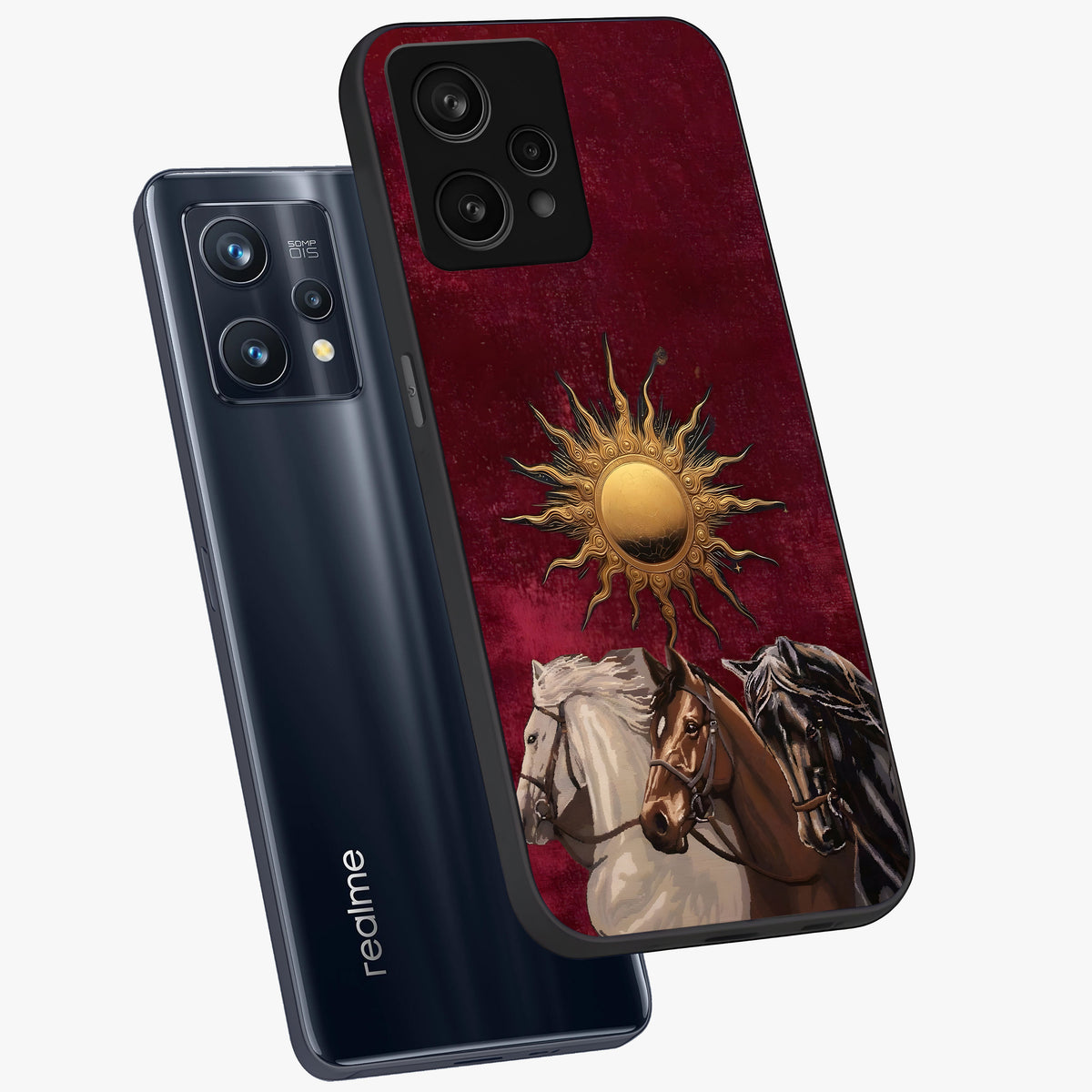 Solar Riders Glass Case displayed in angled mockup highlighting powerful rider illustration with radiant solar aesthetic.