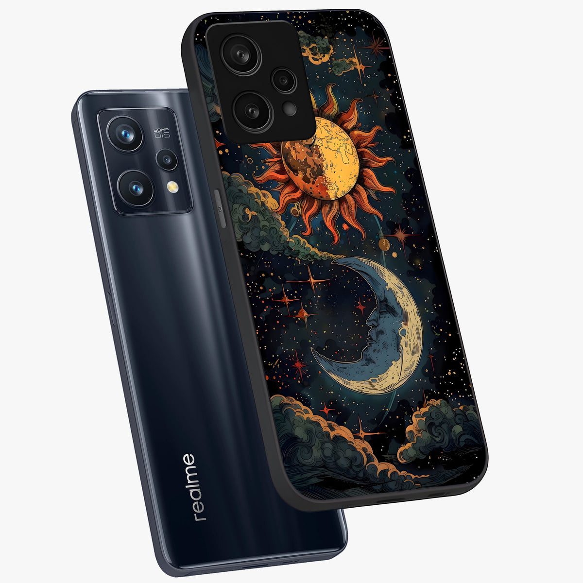 Sun And Moon Magic Design Glass Case displayed in angled mockup highlighting celestial design with magical cosmic aesthetic.