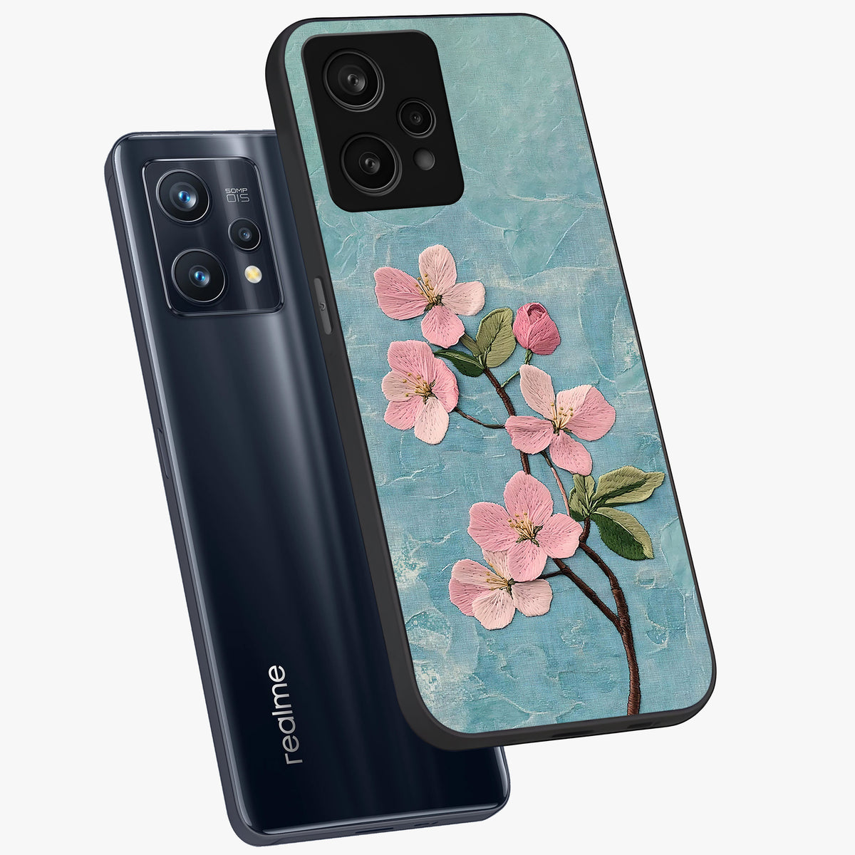 Threaded Blossom Breeze Glass Case displayed in angled mockup highlighting elegant floral design with soft aesthetic style.
