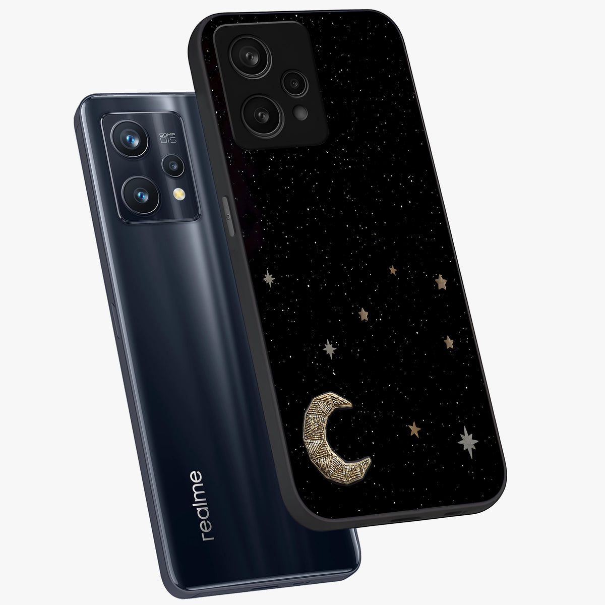 Twinkle Star With Half Moon Glass Case displayed in angled mockup highlighting celestial moon and star design with magical aesthetic.
