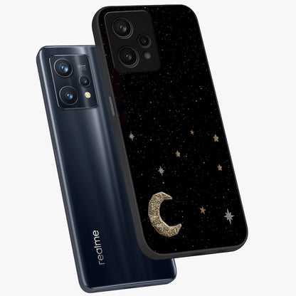 Twinkle Star With Half Moon Glass Case displayed in angled mockup highlighting celestial moon and star design with magical aesthetic.
