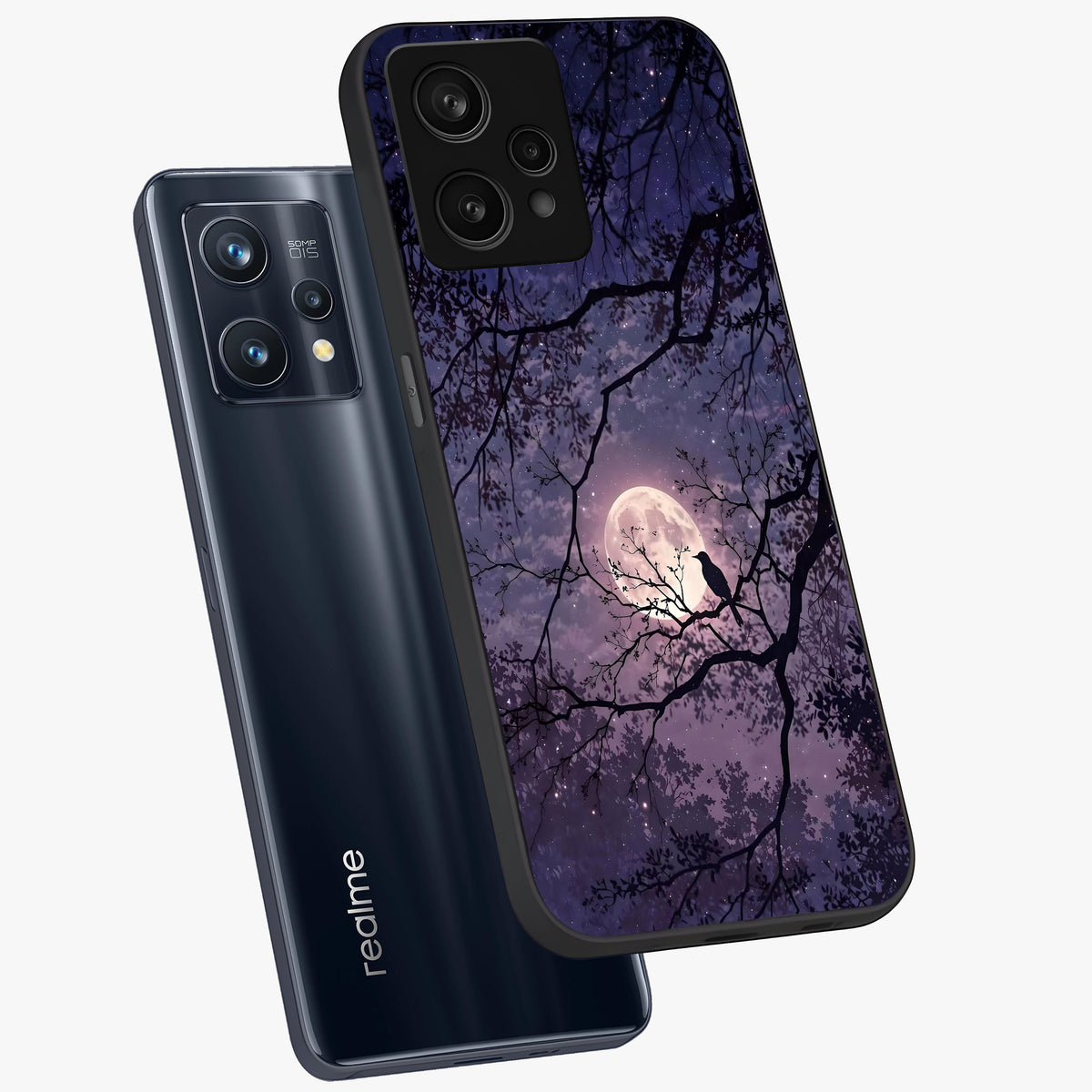 Whispering Moon Silence Glass Case displayed in angled mockup highlighting calm lunar design with dreamy night aesthetic.