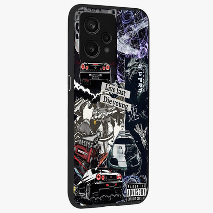 Die Young Glass Case upright view showcasing striking typography artwork with modern statement theme.