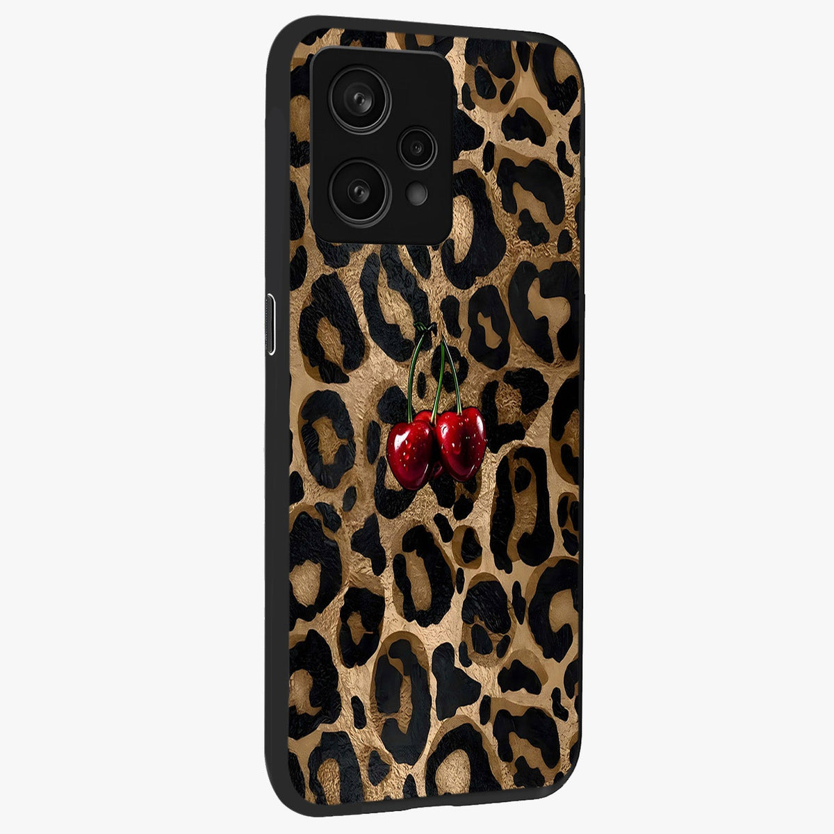 Leopard Wild Cherry Glass Case upright view showcasing stylish leopard pattern artwork with trendy fashion theme.