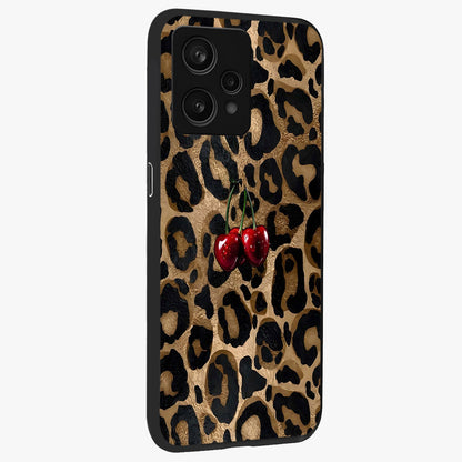 Leopard Wild Cherry Glass Case upright view showcasing stylish leopard pattern artwork with trendy fashion theme.
