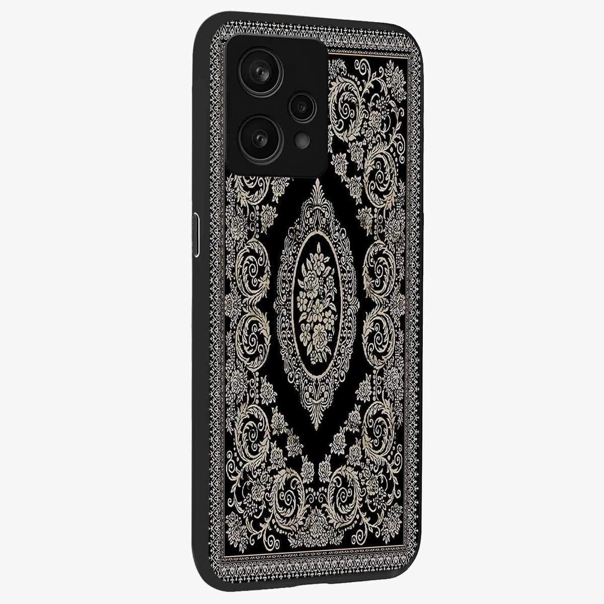 Noir Bloom Elegance Glass Case upright view showcasing graceful floral artwork with luxurious dark theme.