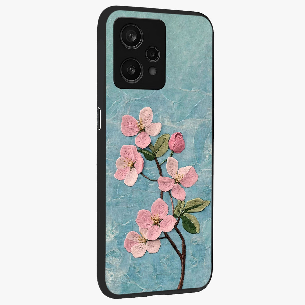 Threaded Blossom Breeze Glass Case upright view showcasing graceful flower artwork with calm botanical theme.