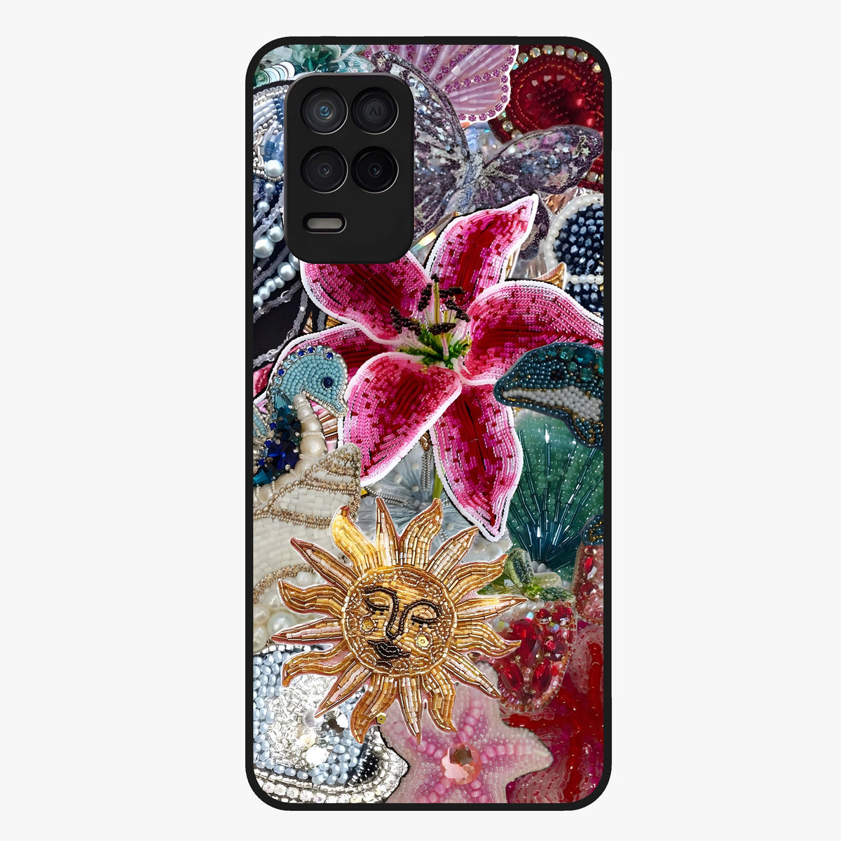 Beaded Garden Fantasy Glass Case showing flat back view with dreamy garden bead artwork and glossy glass finish.