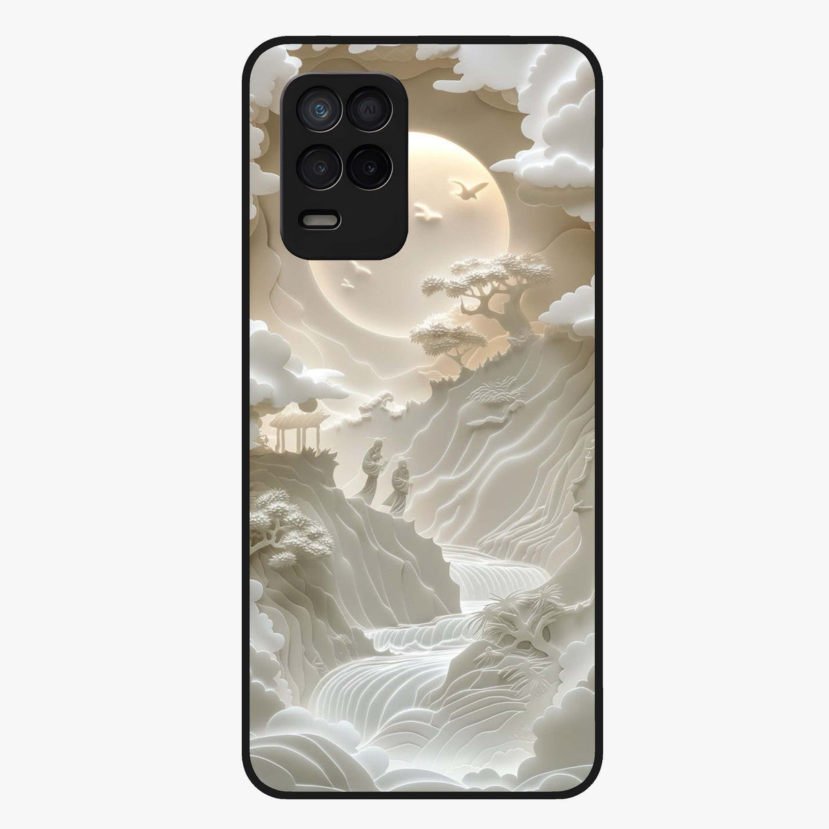 Celestial Origami Glass Case showing flat back view with artistic origami inspired celestial artwork and glossy glass finish.