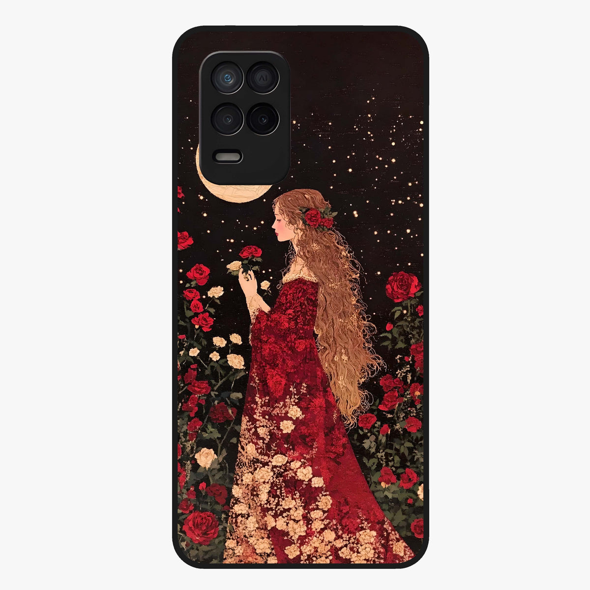 Crimson Dreams Glass Case showing flat back view with dreamy crimson artwork and glossy glass finish.