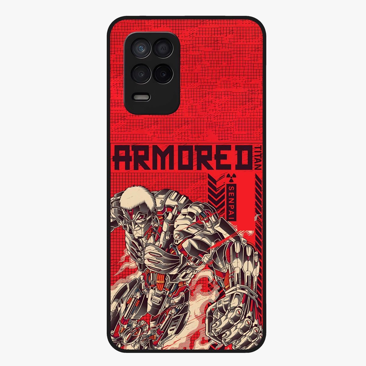 Crimson Mecha Titan Glass Case showing flat back view with powerful mech titan artwork and glossy glass finish.