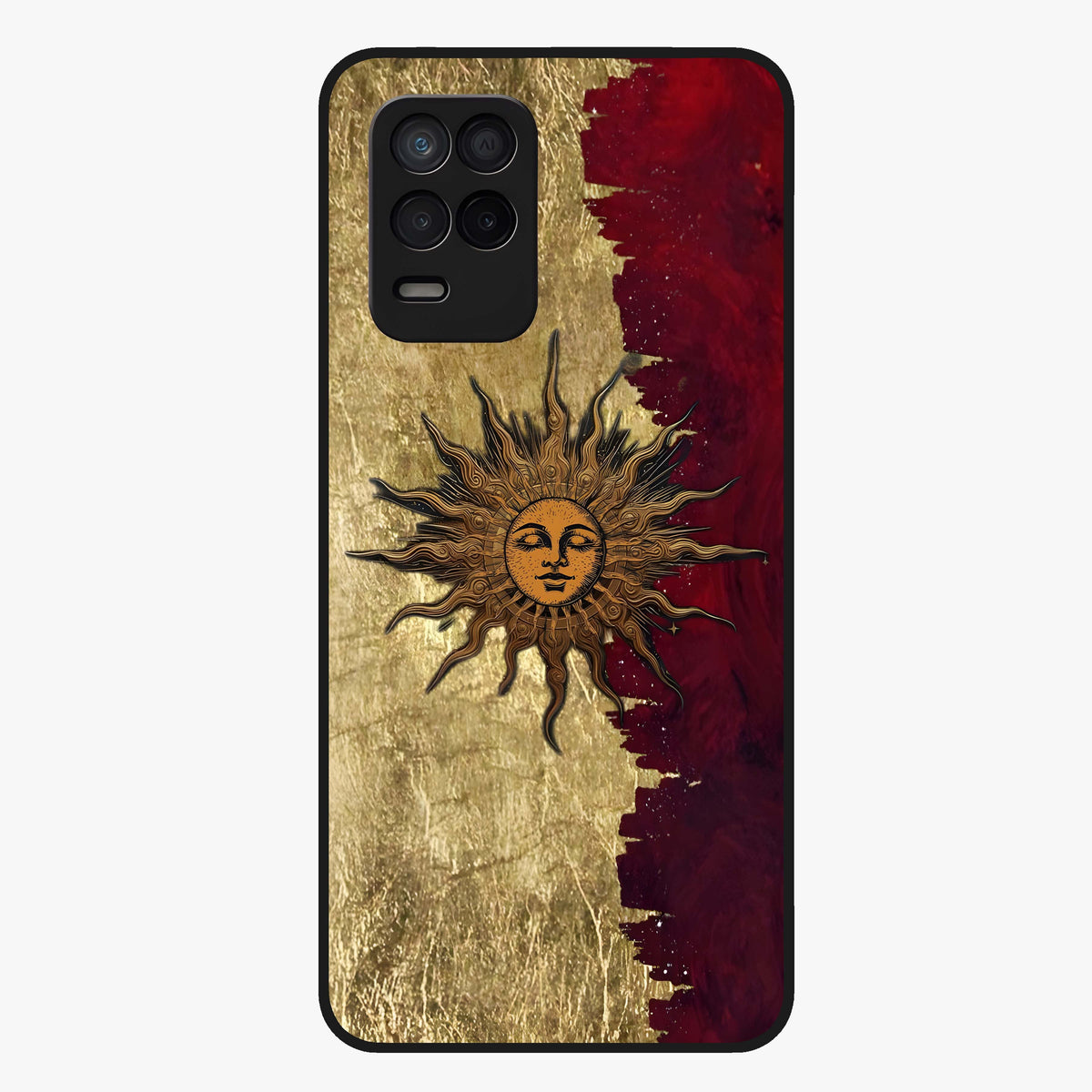 Crimson Sun Majesty Glass Case showing flat back view with radiant sun inspired artwork and glossy glass finish.