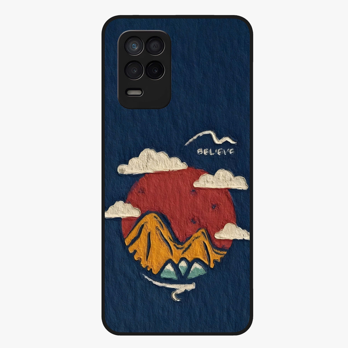 Dream Beyond Mountains Glass Case showing flat back view with scenic mountain landscape artwork and glossy glass finish.