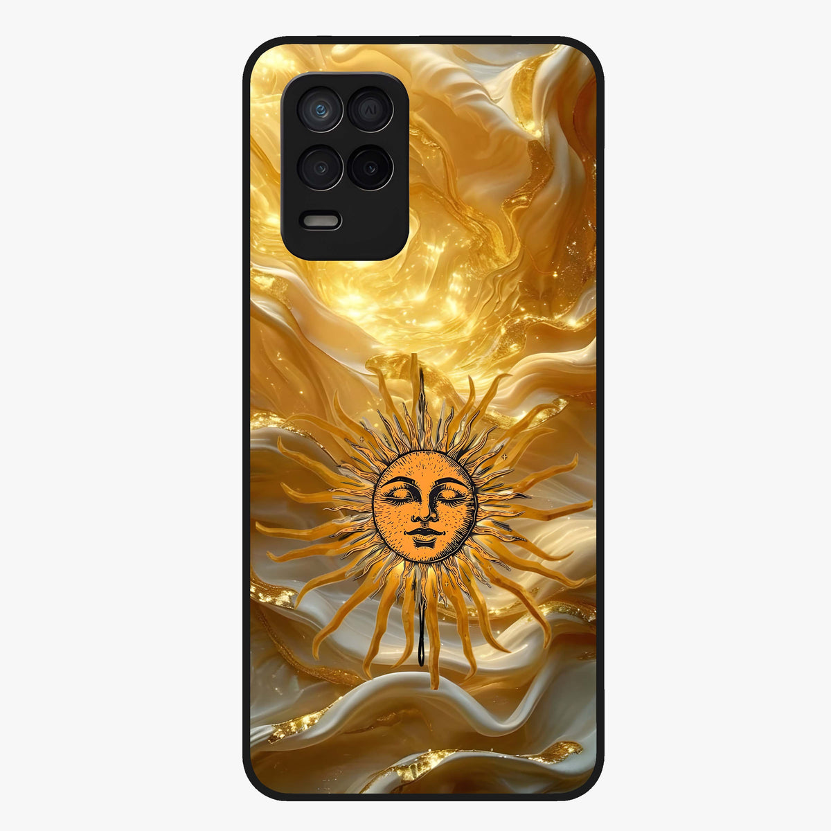Eternal Golden Glow Glass Case showing flat back view with radiant golden themed artwork and glossy glass finish.