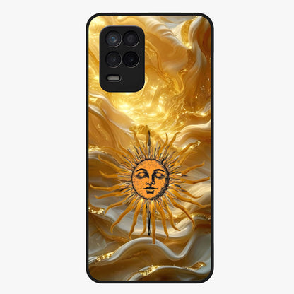 Eternal Golden Glow Glass Case showing flat back view with radiant golden themed artwork and glossy glass finish.