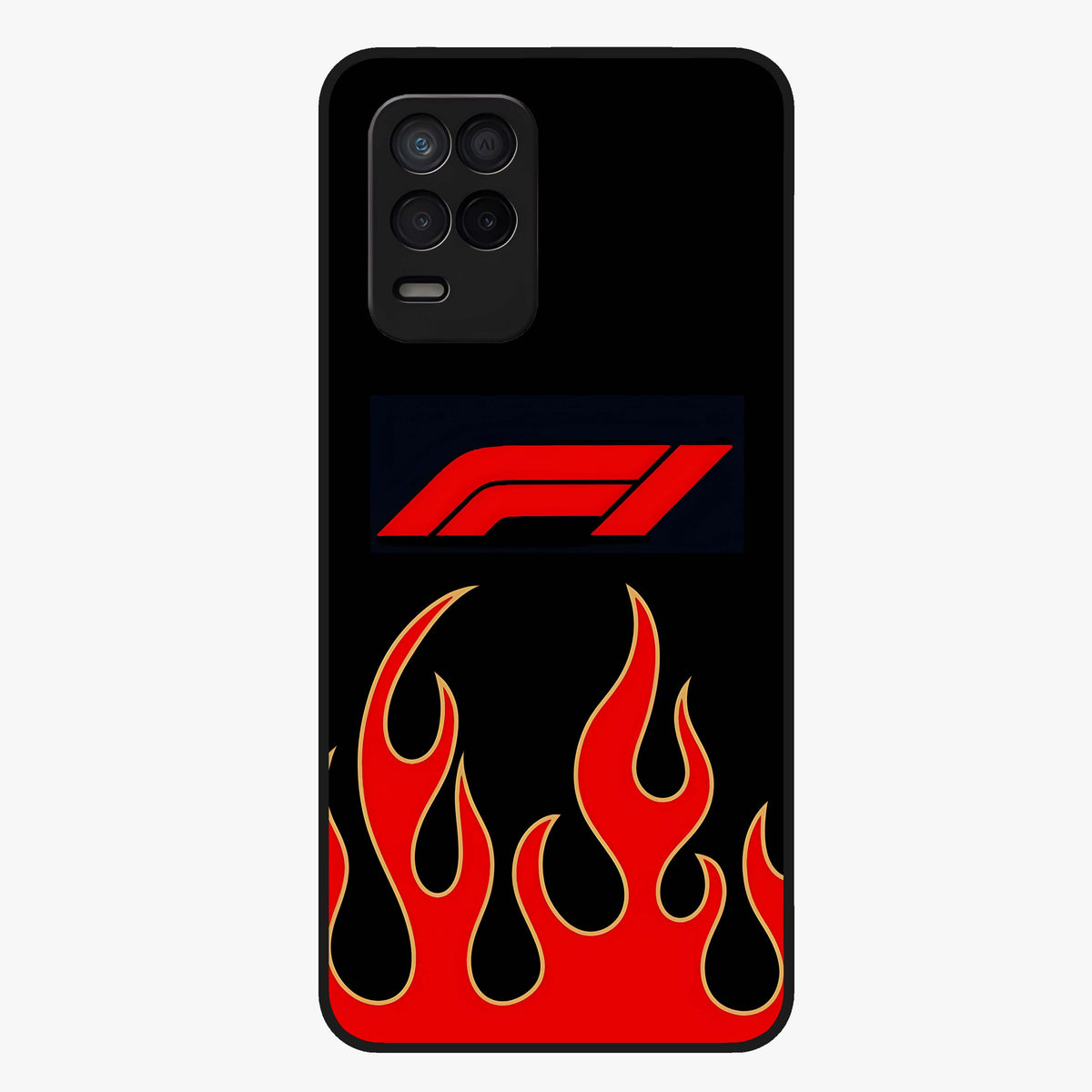 Fire F11 Glass Case showing flat back view with fiery themed artwork and glossy glass finish.