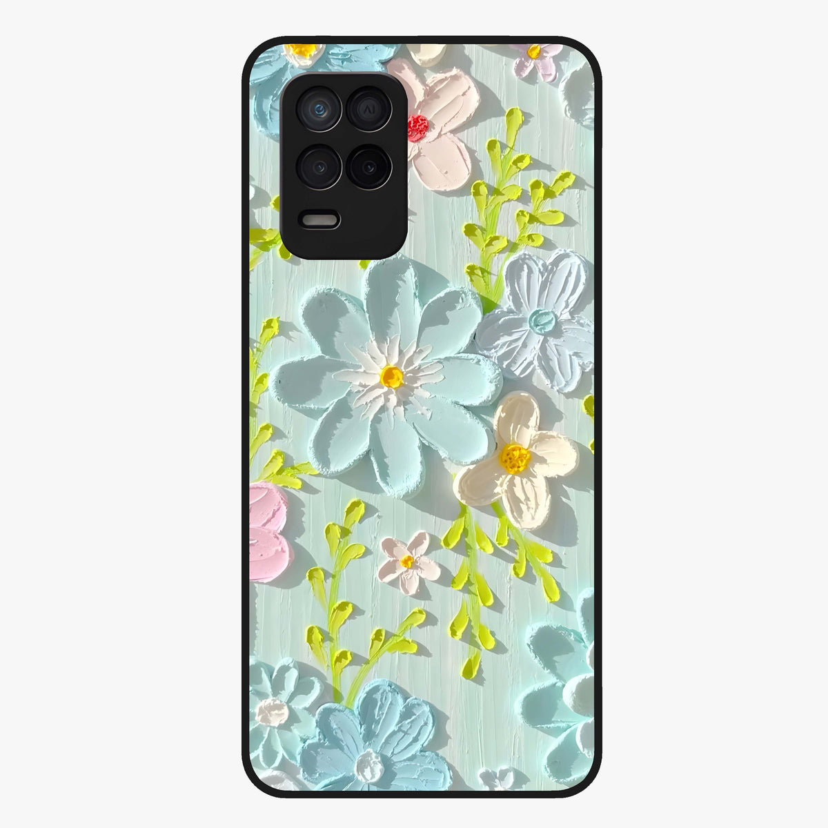 Frosted Petal Garden Glass Case showing flat back view with soft frosted floral artwork and glossy glass finish.