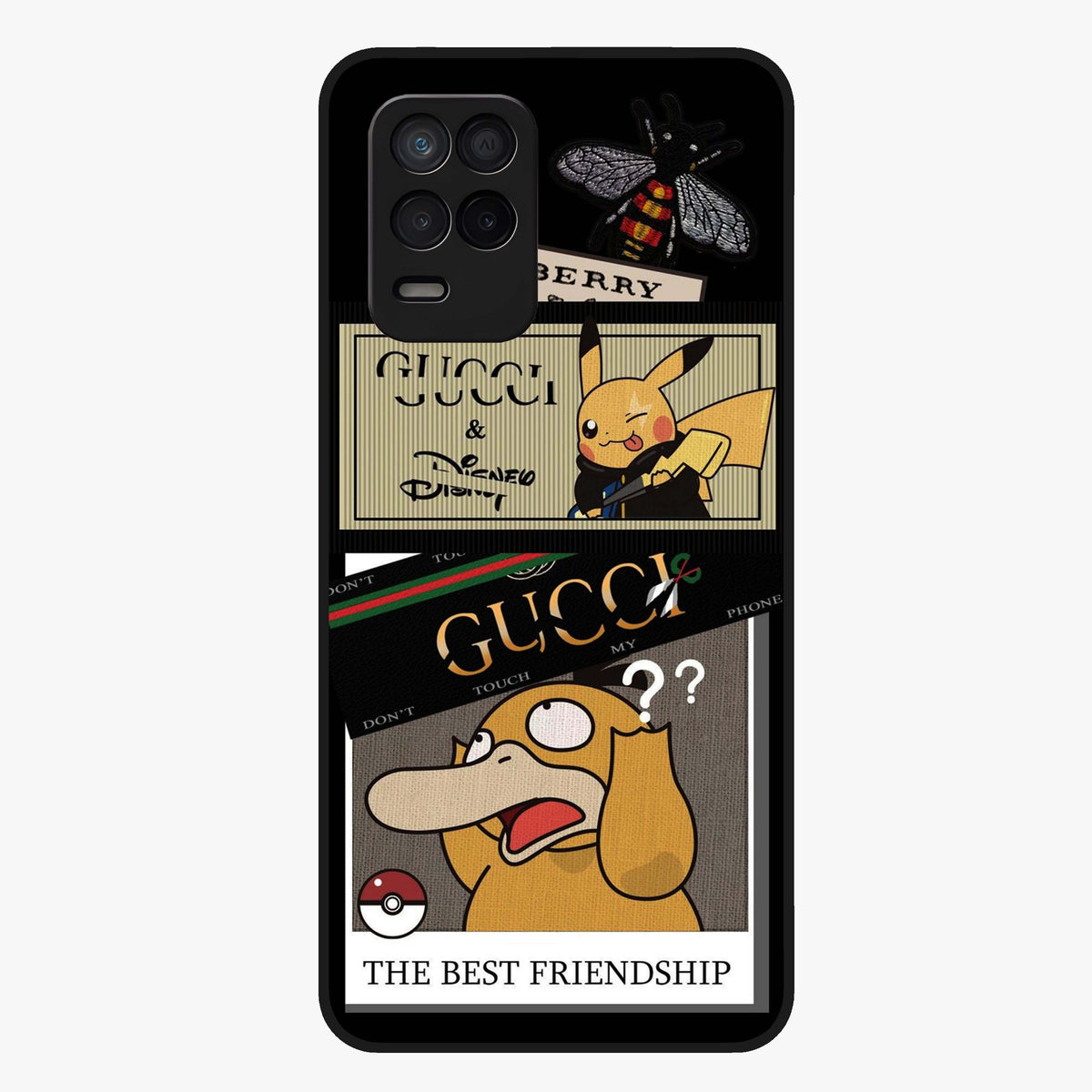Gucci Play Mashup Glass Case showing flat back view with luxury inspired graphic artwork and glossy glass finish.