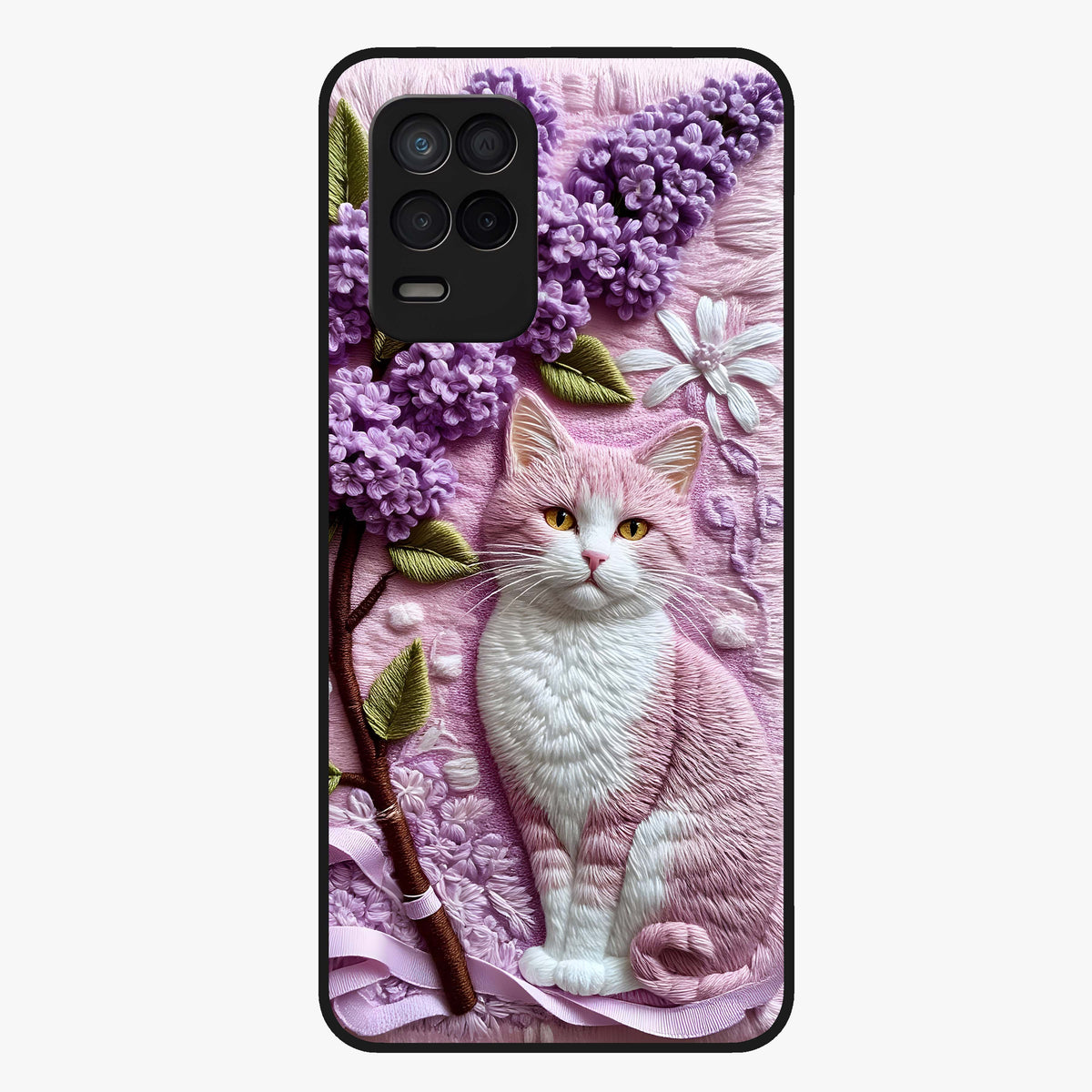 Lavender Cat Whimsy Glass Case showing flat back view with cute lavender cat artwork and glossy glass finish.