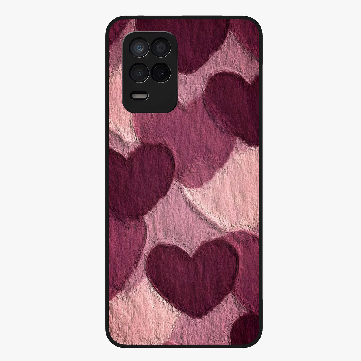 Layered Paper Hearts Glass Case showing flat back view with layered paper heart artwork and glossy glass finish.