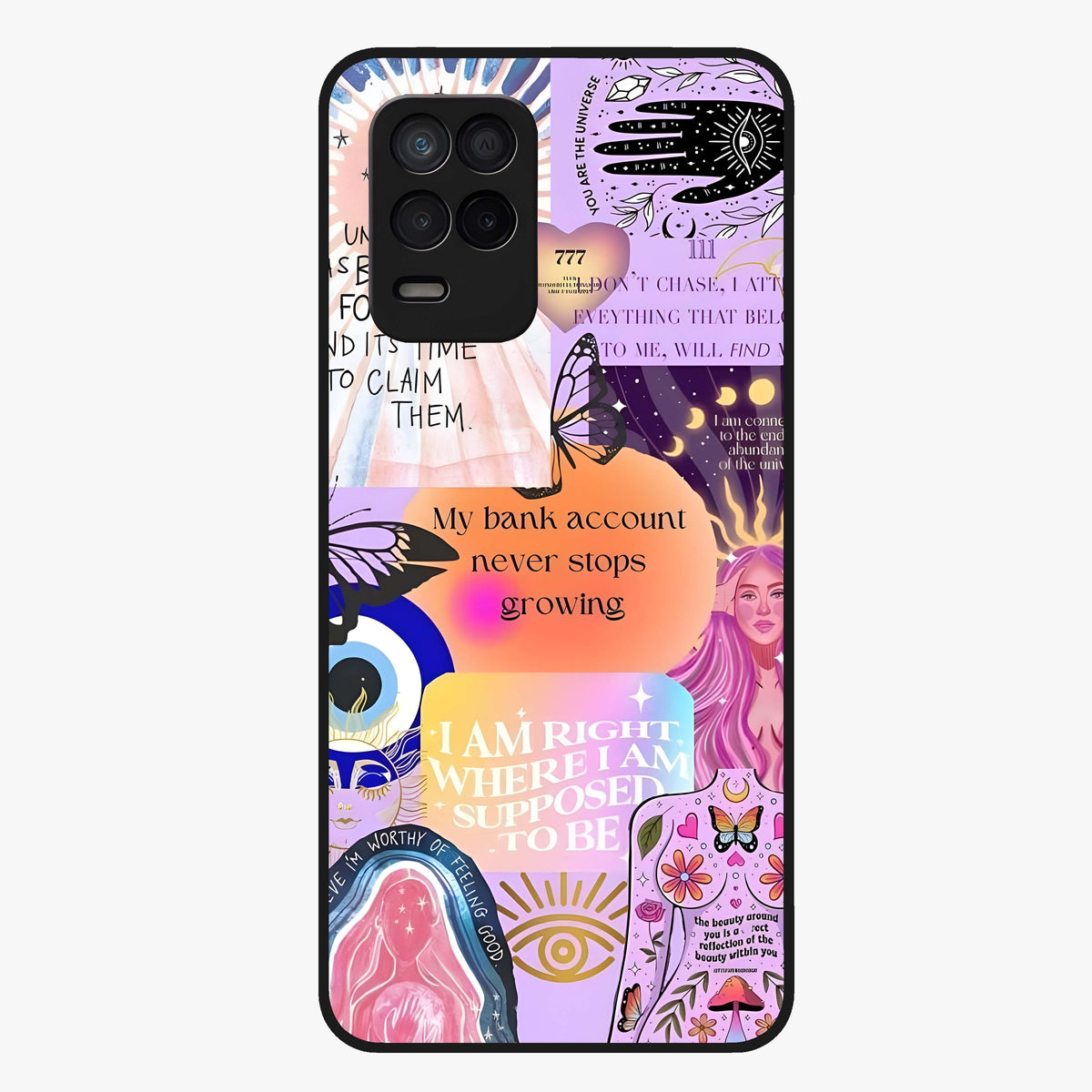 Manifestation Collage Glass Case showing flat back view with motivational collage artwork and glossy glass finish.