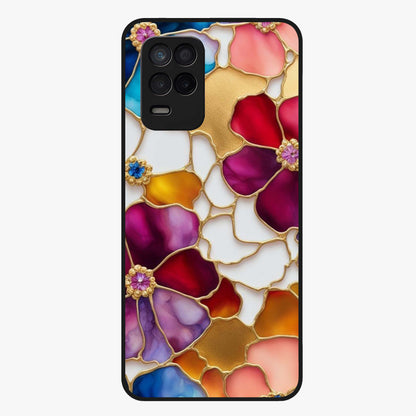 Marble Flower Pattern Glass Case showing flat back view with marble texture floral artwork and glossy glass finish.