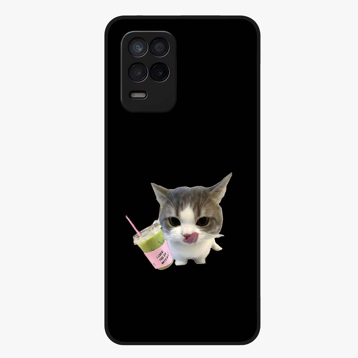 Matcha Cat Style Glass Case showing flat back view with cute matcha themed cat artwork and glossy glass finish.