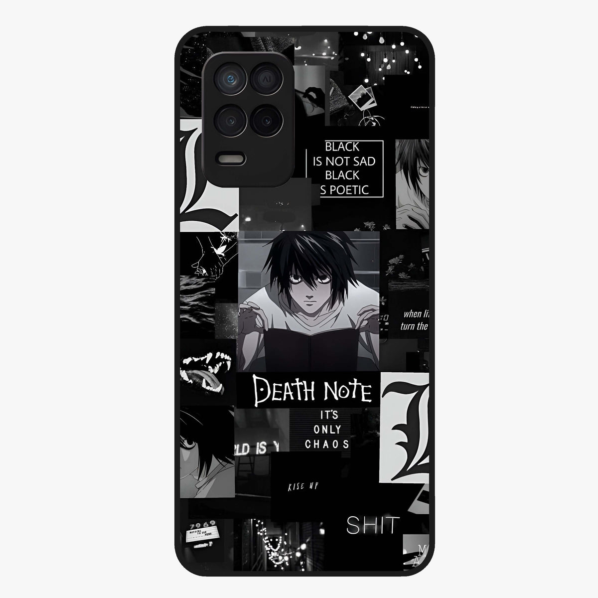 Midnight Chaos Mind Glass Case showing flat back view with abstract dark themed artwork and glossy glass finish.