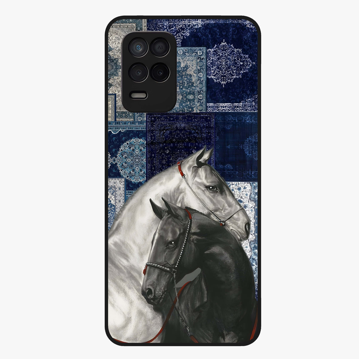 Midnight Stallion Blues Glass Case showing flat back view with majestic horse artwork and glossy glass finish.