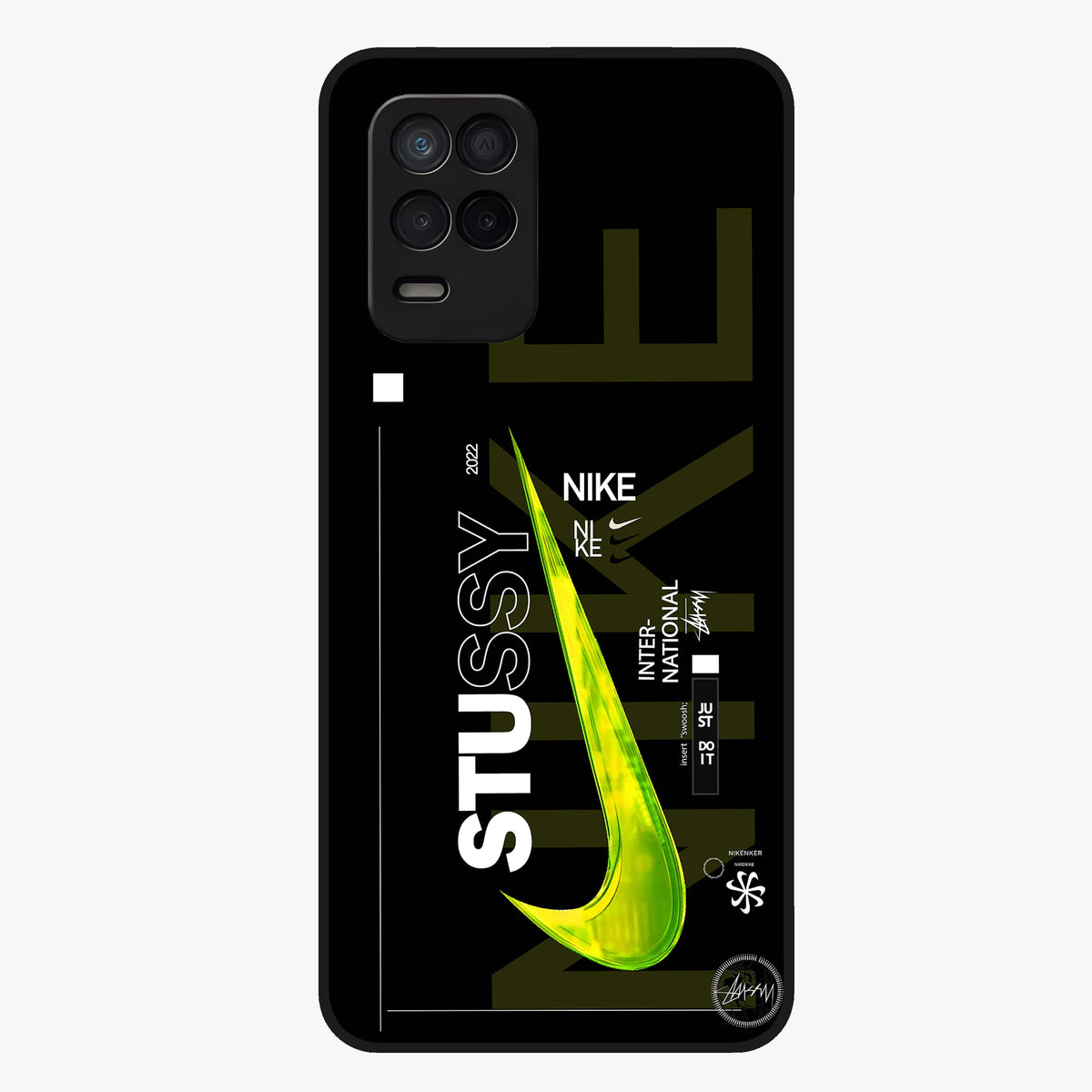 Neon Street Edition Glass Case showing flat back view with neon street style artwork and glossy glass finish.