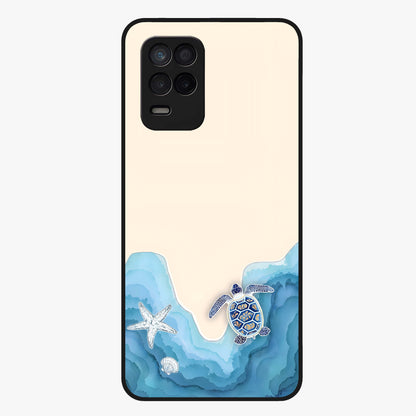 Ocean Drift Turtle Glass Case showing flat back view with sea turtle artwork and glossy glass finish.