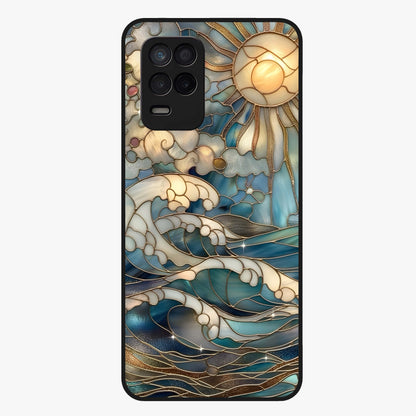 Oceanic Stained Printed Glass Case showing flat back view with ocean inspired stained pattern artwork and glossy glass finish.