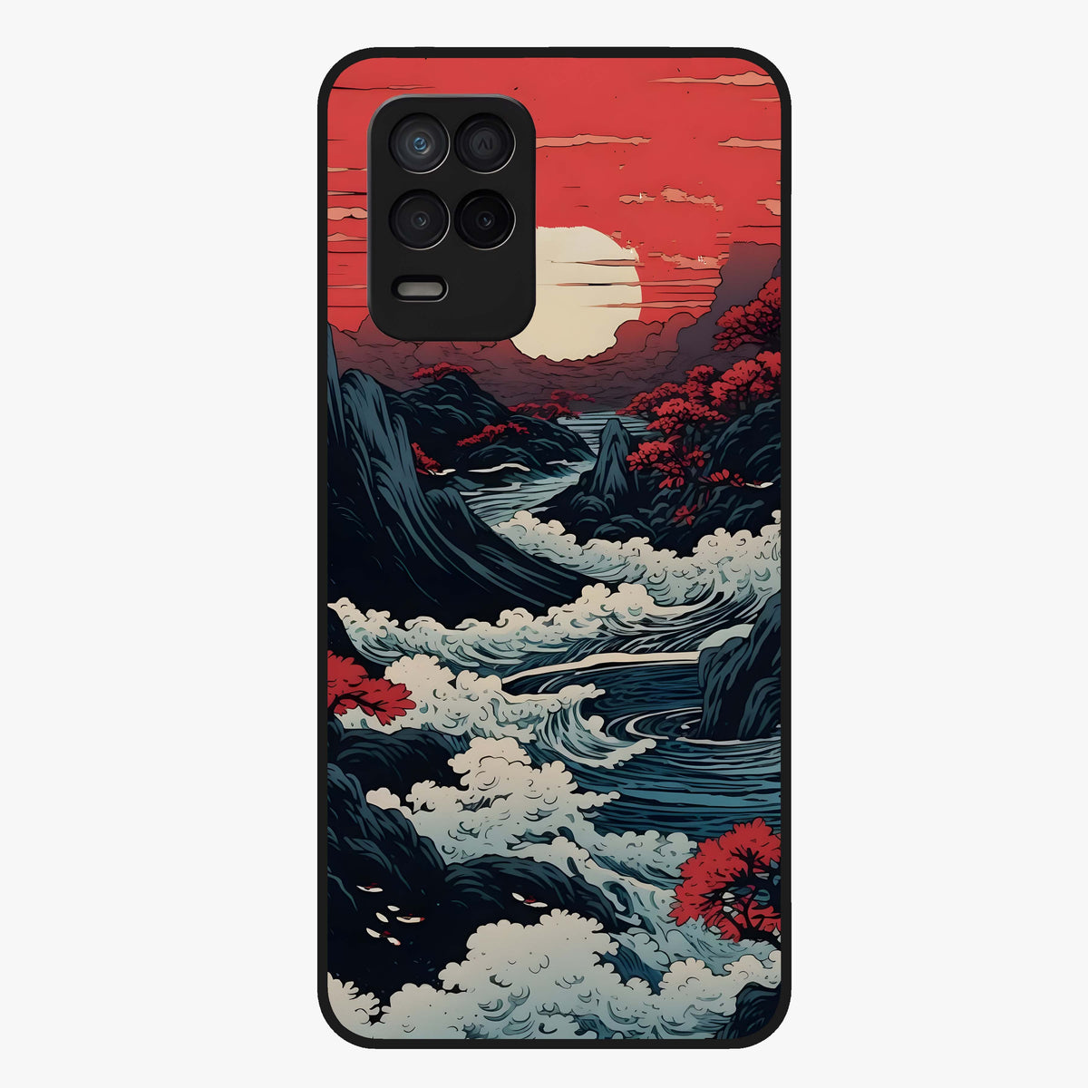 Red Sunset Scenery Glass Case showing flat back view with vibrant sunset landscape artwork and glossy glass finish.