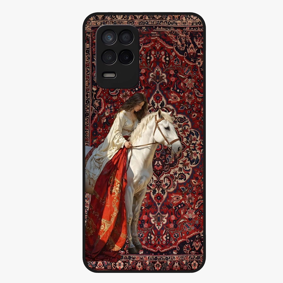 Royal Rider Tapestry Glass Case showing flat back view with majestic horse rider tapestry artwork and glossy glass finish.