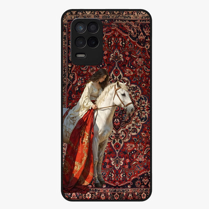 Royal Rider Tapestry Glass Case showing flat back view with majestic horse rider tapestry artwork and glossy glass finish.