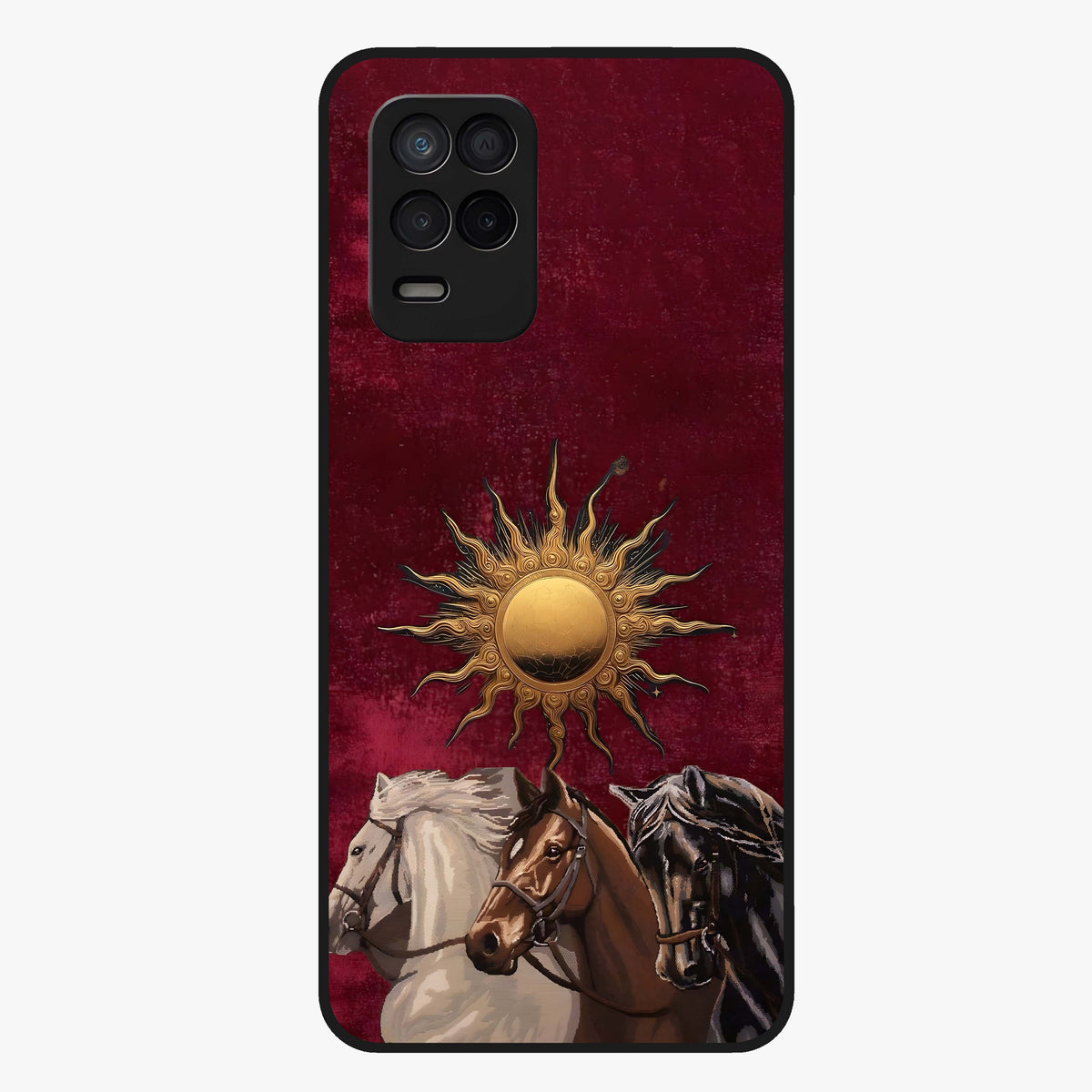 Solar Riders Glass Case showing flat back view with dynamic rider themed artwork and glossy glass finish.