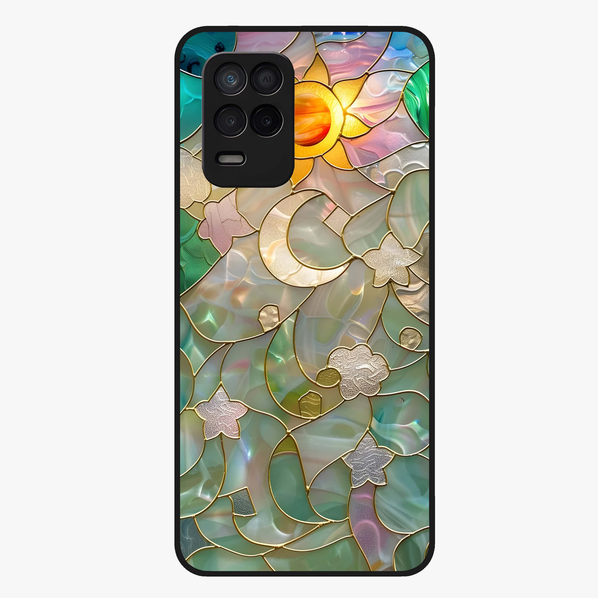 Stained Sunrise Glow Glass Case showing flat back view with glowing sunrise stained pattern artwork and glossy glass finish.